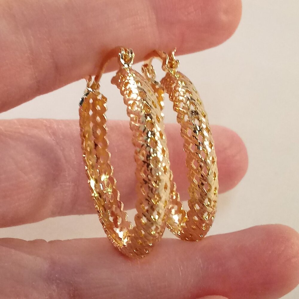 18K Yellow Gold Filled Bohemian Carve Layer Circle Hoop Dangle Earrings 34mm - Picture 3 of 6